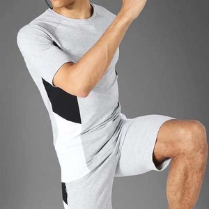 Men's Gray Cotton Casual <b>Shorts</b> Crew Neck T-Shirt Set Breathable Lightweight Summer Wear Solid Color Simple Design Elastic Waist - Product Image 5