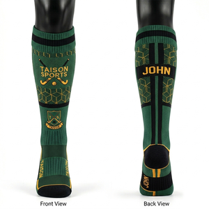 Premium 220 GSM Breathable Polyester Cotton Blend Men Field Hockey <b>Socks</b> Green Gold Panel Design Custom Jacquard Logo - Product Image 4