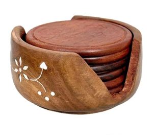 Walnut Wooden Coaster Set With Holder Round Drink Coasters Handmade Reusable <b>Mats</b> for Home <b>Bar</b> Table - Product Image 4
