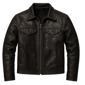 Genuine <b>Real</b> Mens Black Tanned <b>Leather</b> Biker <b>Jacket</b> Mandarin Collar 100% <b>Real</b> Cowhide Waterproof Winter Motorcycle Style - Product Image 1