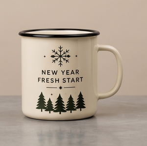 New Beginning Season Metal Camp Cup Custom Logo Printing Heavy Duty <b>Iron</b> Enamel Mug Featuring Snowflake and Pine Trees Artwork - Product Image 1