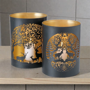 Black Steel Cylinder <b>Candle</b> <b>Lanterns</b> With Golden Deer And Tree Die Cut Design For Christmas Home Decoration - Product Image 6