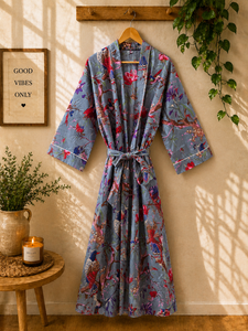 Kimono Floral para Mujer, Algodón, Estilo Boho, para Playa, Estampado, Cuello en V, Cierre con Cordón, Transpirable, Ligero, para Resort - Product Image 3