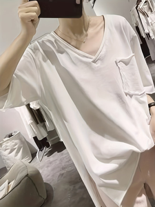 เสื้อยืดผู้หญิงฤดูร้อนแบบเป็นมิตรกับสิ่งแวดล้อม ทรงหลวมสไตล์เกาหลี ชายเสื้อพับได้ ด้านหน้าสั้นด้านหลังยาว แขนสั้น คอวี ทรงปกติ - Product Image 3