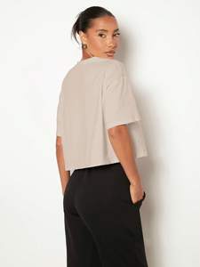 Casual Boxy Fit Short Sleeve Women's Shirts Beige Cropped Drop Shoulder Tee Round Neck Custom Tan Summer Blouse Plain <b>Tops</b> OEM - Product Image 2