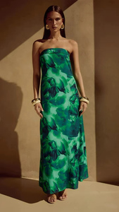 Factory Customized High Quality Fashion Women's Sleeveless <b>Green</b> Maxi Dress with Printed <b>Skirt</b> - Product Image 4