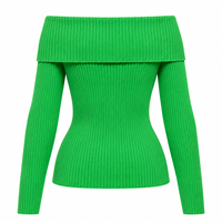 Pull côtelé pour femme en mélange de viscose, à épaules dénudées, uni, à manches longues, coupe ajustée, en maille, avec bordure à volants, haut tendance