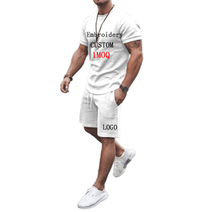 Custom Embroidery Men's White T-Shirt <b>Set</b> Casual Short Sleeve Solid Color <b>Knitted</b> Summer Sportswear Joggers - Product Image 1