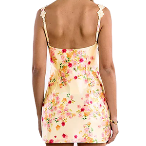 Promotional Yellow Floral Woven Eco-Friendly Mini <b>Dress</b> Suspender Backless Tie Sleeveless Party <b>Dress</b> Summer Women Wholesale - Product Image 2