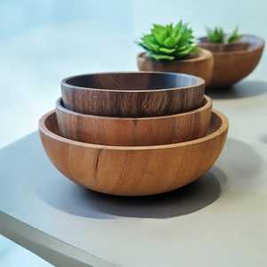 Bol à salade en bois d'acacia artisanal : bols ronds ondulés écologiques à grain unique, vaisselle de cuisine artisanale, passe au lave-vaisselle, classique - Product Image 4