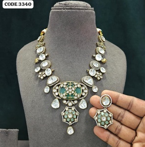 Antique Gold Plated Kundan <b>Statement</b> <b>Necklace</b> Set with Red Enamel Floral Pendant Earrings Wedding Jewelry Set For Women - Product Image 4
