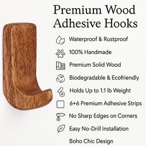 Ganchos Adhesivos de Pared de Madera Maciza a Granel, Soporte Minimalista en Forma de J para Llaves, Colgador con Acabado Natural, Organizador de Ganchos Utilitarios - Product Image 2