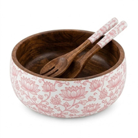Juego de Tazón y Cuchara de Madera de Mango con Esmalte Floral Pintado a Mano, Tazón de Ensalada de Madera de Lujo para Hoteles, Logotipo Personalizado