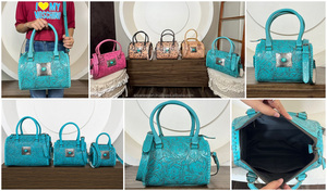 2026 New Luxury Floral Hand <b>Tooled</b> <b>Leather</b> Turquoise Speedy Bag for Women's Cowgirl Genuine Cow <b>Leather</b> Handbag Shoulder Purse - Product Image 3
