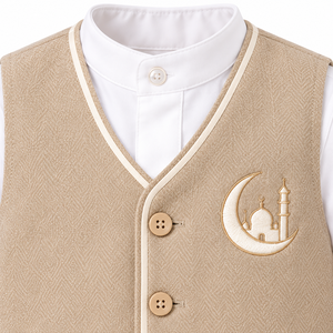 Conjunto de Thobe Blanco Holgado para Niños con Chaleco Color Bronceado, Bordado de Mezquita, Jubba Islámica, Kandura, Eid, Ramadán, Tradicional Árabe - Product Image 4