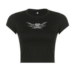 Camiseta Corta de Verano con Pedrería para Mujer, Estilo Urbano, Manga Corta, Cuello Redondo, Color Sólido, Alta Demanda - Product Image 5