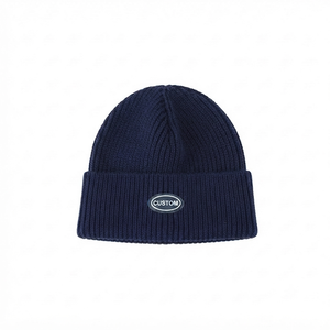 DROGEN EXPORT 2026 Custom Winter Beanie <b>Hat</b> Dobby Pattern Ribbed Knit <b>Navy</b> Blue Solid Color Letter Pattern Quick Dry Breathable - Product Image 1