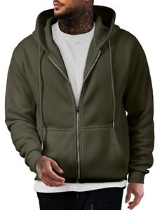 Sweat-shirt à capuche zippé pour homme, fabriqué au Pakistan, vert olive, en polaire, coupe classique, couleur unie, décontracté, pour l'automne - Product Image 1