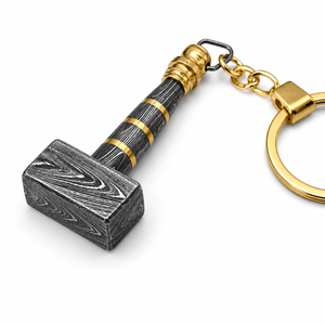 Jexmoo Custom Handmade Damascus Steel Hammer Keychain with Gold Plated Chain <b>Square</b> Shape Classic Style with Ring Box - Product Image 2
