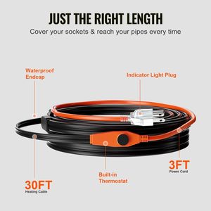 30FT 7W/FT Pipe <b>Heating</b> <b>Cable</b> with Built-in Thermostat Water Pipe Heat Tape for PVC Hose Metal Protection Heat Blankets Heaters - Product Image 5