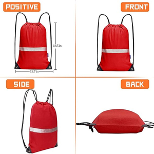 Red <b>Drawstring</b> <b>Backpack</b> Reflective Stripe Water Resistant Lightweight Unisex Outdoor Casual 21L Canvas Material Shoulder Strap - Product Image 4