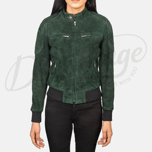 Bliss Custom Logo Branding Genuine Suede <b>Leather</b> Bomber <b>Jacket</b> for Women's Green Ribbed Green Suede Warm Winter <b>Leather</b> <b>Jackets</b> - Product Image 4