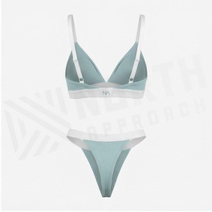 Ensemble de bikini côtelé bleu clair pour femme NORTH APPROACH avec soutien-gorge triangle et bas de bikini string à bordure contrastante blanche - Product Image 2