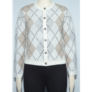 Cárdigan de Punto Argyle para Mujer, Manga Larga, Cuello Redondo, Botones al Frente, Estilo Clásico, Ropa de Otoño - Product Image 1