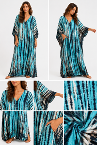 Venta al por mayor de fábrica: Nuevo vestido largo maxi caftán azul con estampado tie-dye para mujer, cuello en V moderno, ideal para playa, cintura natural, para todas las estaciones. - Product Image 3