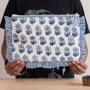 Bohemian Cotton Frill Pouch With Floral Embroidery And Zipper Closure Blue White Patterned Design For Daily Use - Product Image 6
