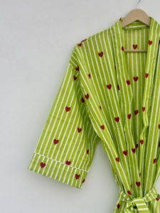 Women Cotton Heart Printed V-neck <b>Kimono</b> Robe Striped Long Sleeve Belted Knee Length Boho Summer <b>Beach</b> Resort Wear Hand Block - Product Image 6