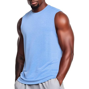 Camiseta sin mangas para hombre, color azul claro, cuello redondo, color sólido, tejido de algodón, chaleco informal, transpirable, para entrenamiento - Product Image 4