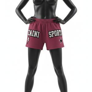 Shorts de mujer de alta calidad en tejido polar transpirable, suaves al tacto, color granate con apliques bordados y logotipo personalizado. - Product Image 1