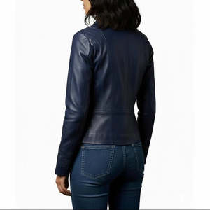 Women's Elegant <b>Grey</b> Sheepskin Leather Collarless <b>Jacket</b> Custom Fit XS Size Full Sleeve Handcrafted Sleek Minimalist Style - Product Image 1