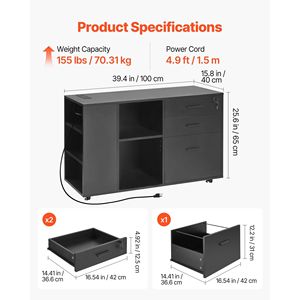 Armadietto Portadocumenti in Legno a 3 Cassetti Regolabile, Mobile con Serratura e Presa di Corrente, Scaffali Portadocumenti con Ruote e Serratura - Product Image 3