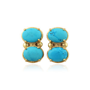 Boucles d'oreilles clous en laiton plaqué or 18 carats avec double cabochon ovale turquoise bleu, design barre verticale, bijoux fantaisie pour femme, cadeau - Product Image 1