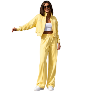 Womens Winter Solid Cropped Full Zip Tracksuit Set Stand Collar Jacket Wide Leg <b>Trousers</b> Casual Regular Fit Two Piece Sportswear - Product Image 1