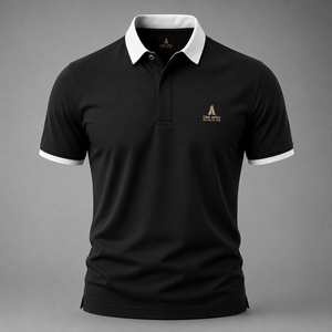 Polo Negro de Lujo para Hombre con Cuello en Contraste Blanco, Logotipo Bordado en Dorado, Algodón Piqué Premium, Fabricante de Ropa Personalizada OEM ODM - Product Image 1