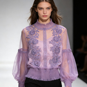Vente flash sur Temu : haut tendance en dentelle florale violette, col haut, manches bouffantes, blouse transparente pour femmes - Product Image 1