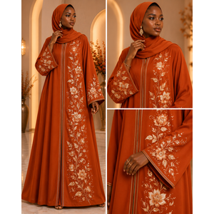 Abaya élégante brodée de fleurs, robe longue à manches longues pour femmes, style moyen-oriental, rouge, pour tous les jours - Product Image 3