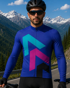 Men's <b>Long</b> <b>Sleeve</b> <b>Cycling</b> <b>Jersey</b> Geometric Print Blue Gray Full Zip Front And Back View - Product Image 5