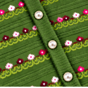 Cárdigan de Cuello Redondo para Mujer, Tejido Jacquard Verde, con Bordado, Botones al Frente, Manga Larga, Anti-Pilling, Tacto Suave y Abundante de Algodón - Product Image 6