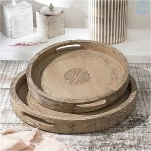 Round Wood Carved Serving Tray with Handles Retro Handmade Engraved Rustic <b>Platter</b> Tray Decorative Handmade Food Serving Tray - Product Image 1
