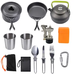 Peralatan makan bepergian, Set peralatan masak aluminium untuk 2-3 orang dengan cangkir teko dan kompor Gas, Set lengkap