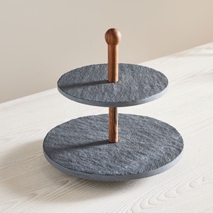 Support à Dessert à 2 Niveaux en Ardoise avec Poignée en Bois Élégant et Durable pour Gâteaux Pâtisseries Collations Décoration Moderne pour la Maison - Product Image 1