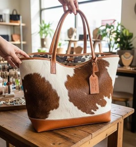 Bolso Tote de Cuero con Pelo de Vaca Estilo Occidental, Bolso de Viaje de Cuero Genuino Vintage de Gran Capacidad - Product Image 4