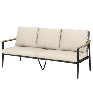 Khaki 3-Seater Outdoor Patio <b>Sofa</b> <b>Waterproof</b> Cushions Wicker Backrest with Wood Effect Armrests for Garden Yard - Product Image 1