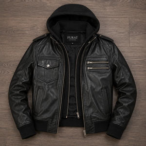 Chaqueta de Motociclista para Hombre FURAT, Negra, de Cuero Genuino, Sin Capucha, Cierre de Cremallera, Corte Regular, Estilo Invernal, Impermeable, Color Sólido - Product Image 1