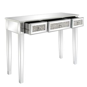 Table console en MDF argenté avec surface miroir et verre brisé, bureau d'ordinateur à trois niveaux - Product Image 6