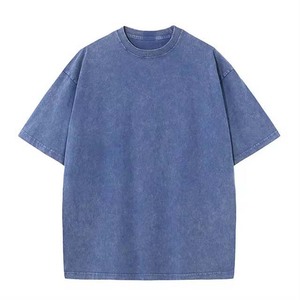 เสื้อยืดผู้ชายทรงโอเวอร์ไซส์ สีพื้น ผ้าฝ้ายฟอก ลุคสบายๆ แขนสั้น สไตล์ฤดูร้อน แบบเรียบ ย้อมสี ผ้าถัก - Product Image 2